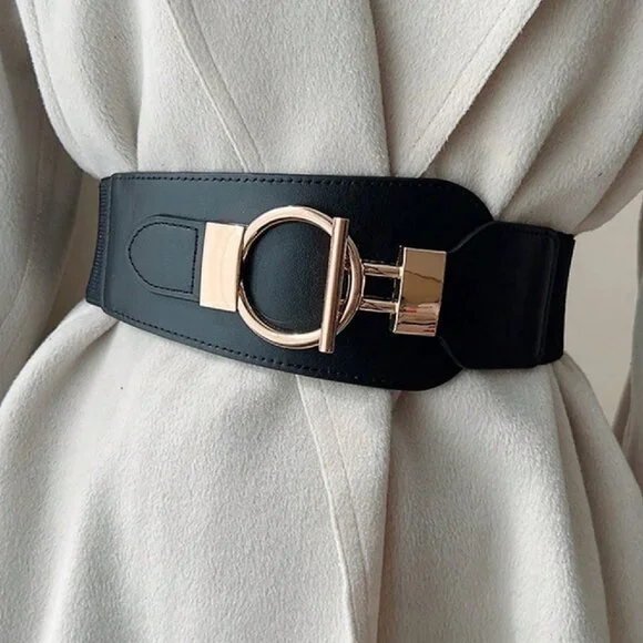 Black Elevated contemporary Women\'s Waist Gold Buckle Belt Women Black Elastic Hip Waist Travel Style Belt Gold Metal  main image 4
